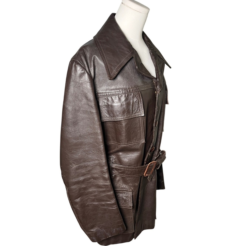 Vintage‎ Leather Safari Jacket Brown Belted Utility Maquette Men 42